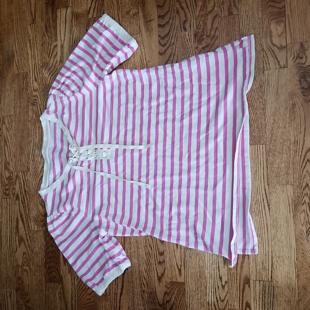(L) Talbots Striped Nautical Sailor Bohemian Cottagecore Contemporary Lace Up
